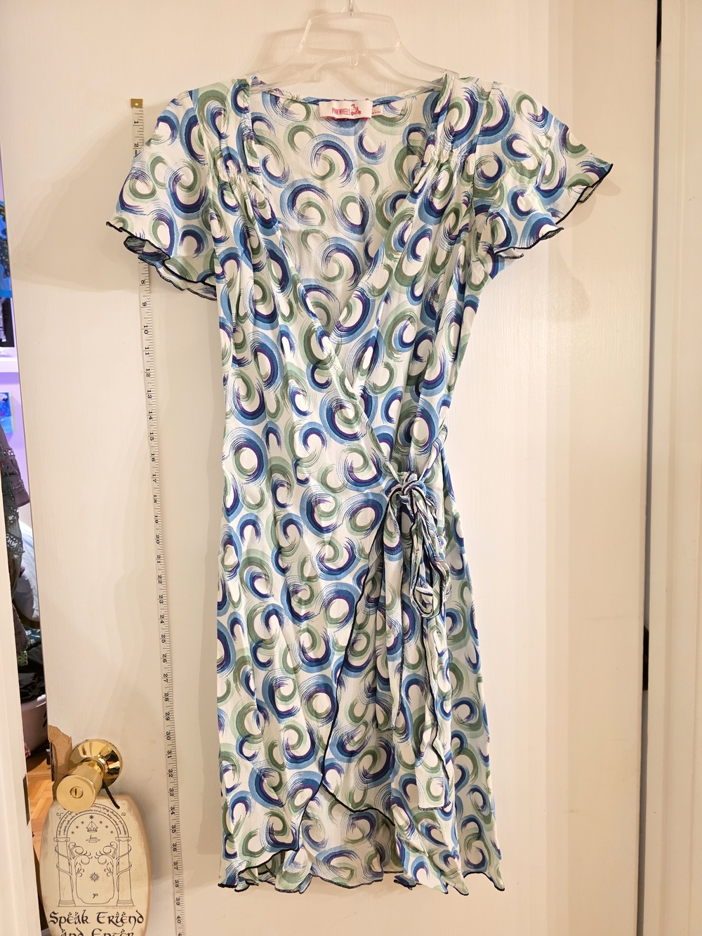 Women's Blue & Green Wrap Dress with Swirl Print